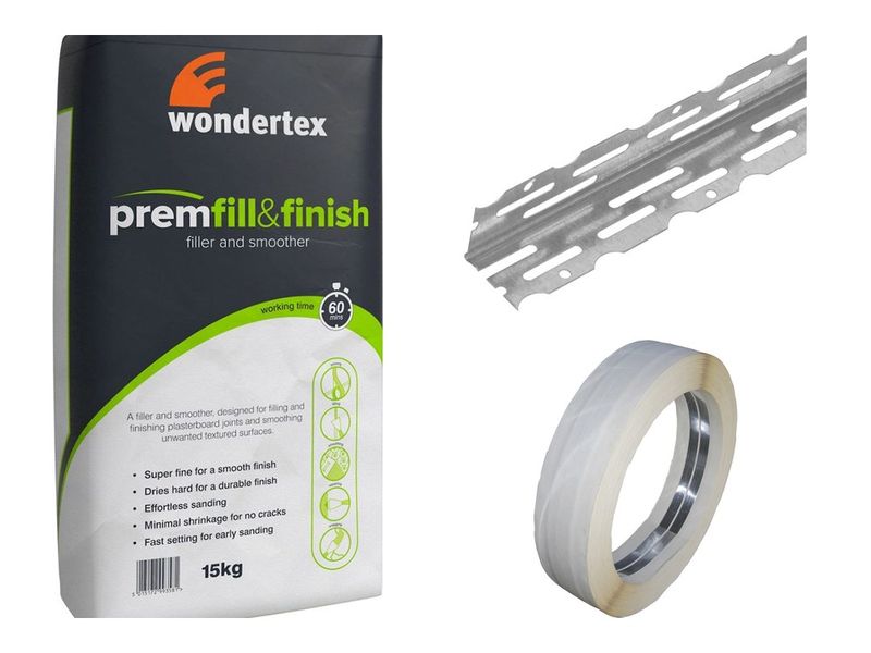 Plaster finishing compound, angle bead and corner tape